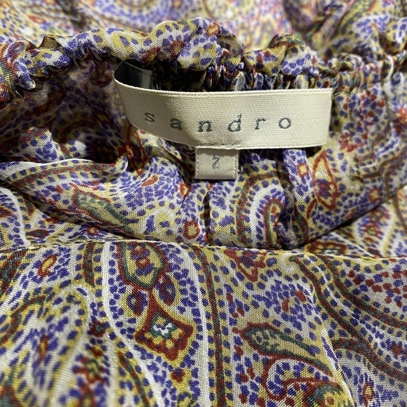 Sandro Women Paisley Ruffle Mini Dress Sleeveless Scoop Neck Purple Black Size 2 - Picture 9 of 14